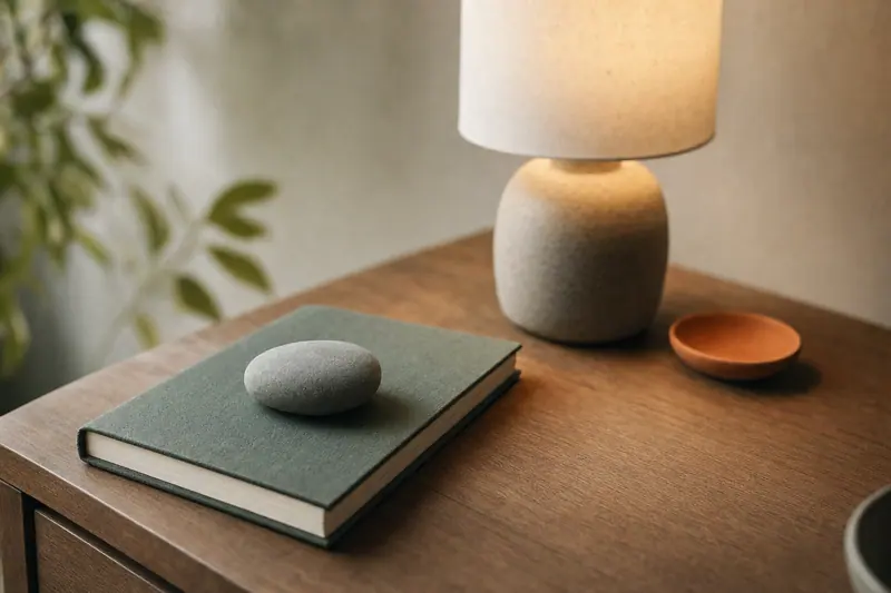 Pierre lisse posée sur un carnet, lampe allumée sur une table en bois, ambiance calme et sobre