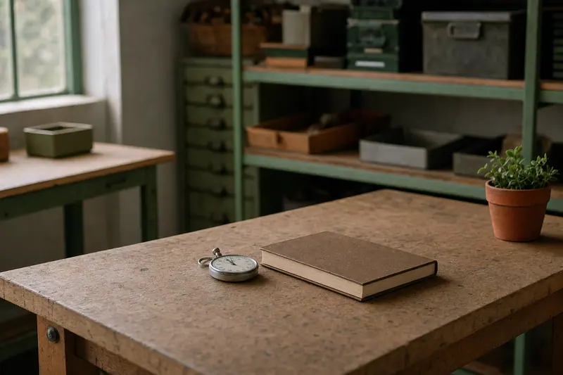 Plateau de production propre et vide, un chronomètre et un carnet posés sur un établi, lumière du jour