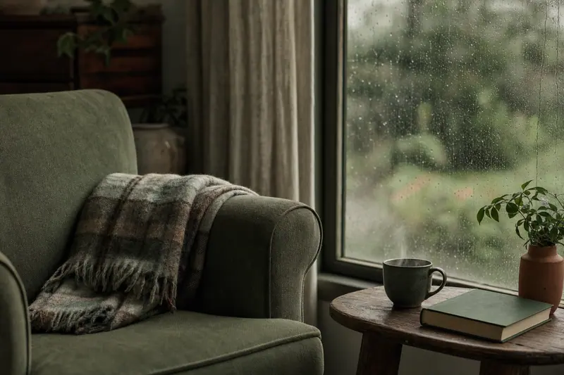 Fauteuil près d'une fenêtre sous la pluie, plaid, tasse fumante et livre fermé, lumière grise et douce