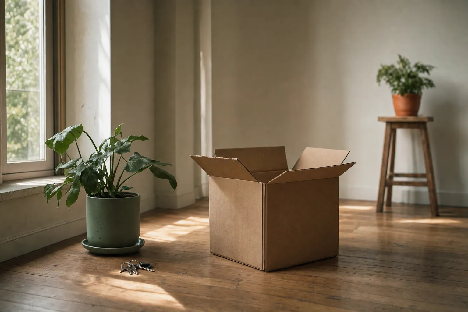 Carton de déménagement ouvert dans une pièce vide et lumineuse, plante en pot et clés posées sur le parquet