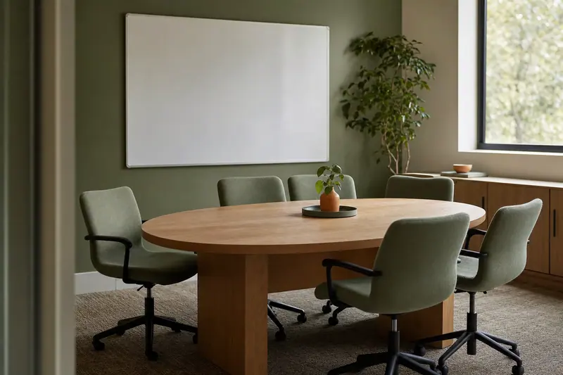 Salle de réunion vide le matin, tableau blanc effacé, table ovale et six chaises dont une reculée, lumière de fenêtre