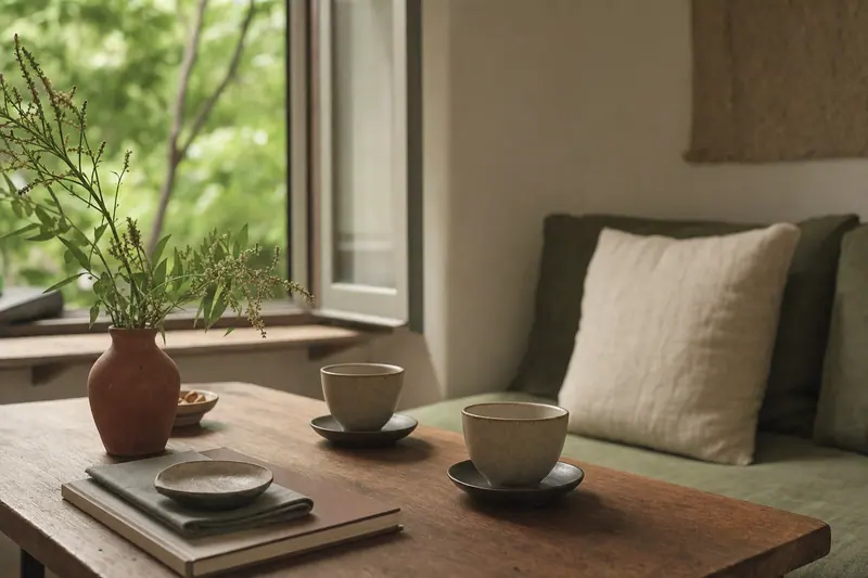 Deux tasses de thé sur une table basse, fenêtre ouverte sur des arbres, un coussin, un silence visible