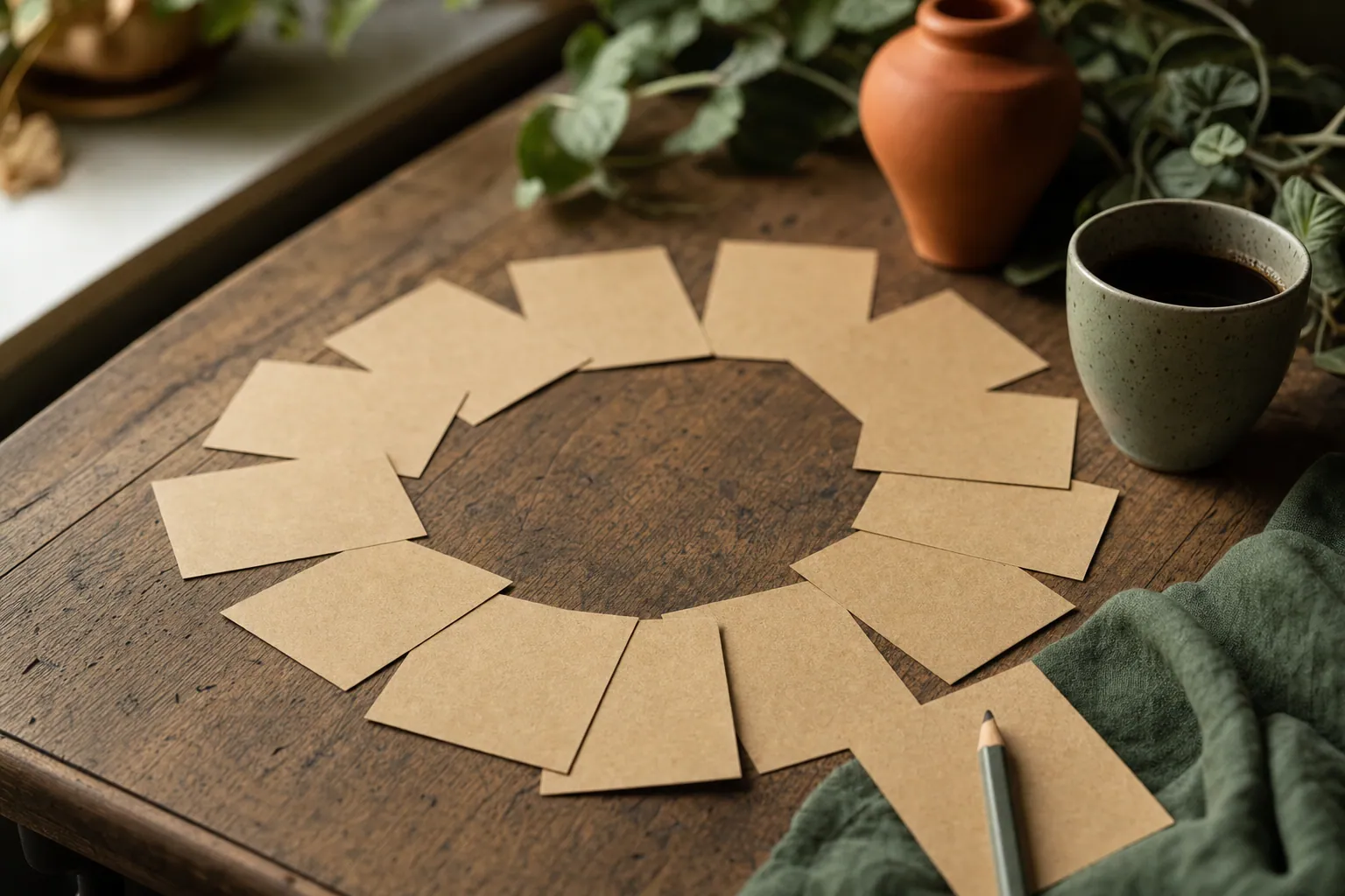 Cartes en papier kraft vierges disposées en cercle sur une table en bois, un crayon, une tasse, lumière chaude