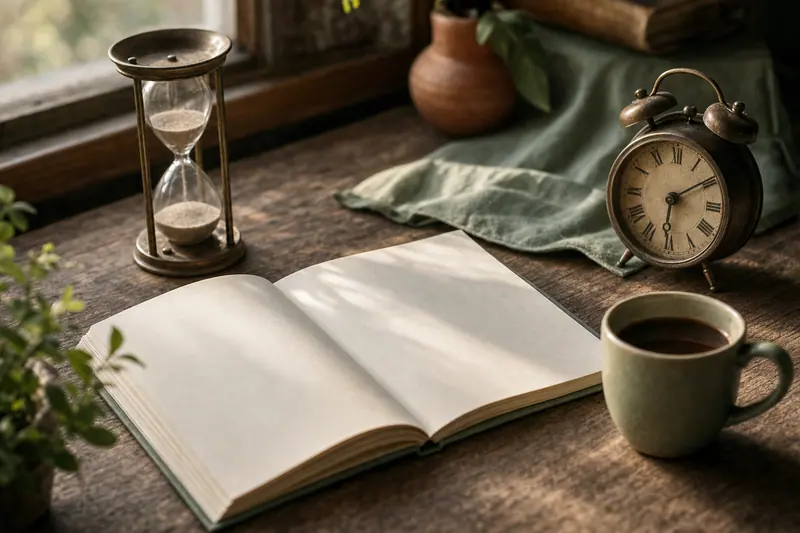 Agenda papier ouvert sur une page vierge, sablier, réveil ancien et tasse de café sur un bureau en bois