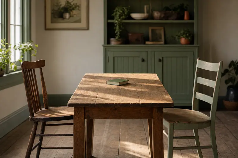 Deux chaises en bois dépareillées face à face autour d'une table nue, un carnet fermé au milieu