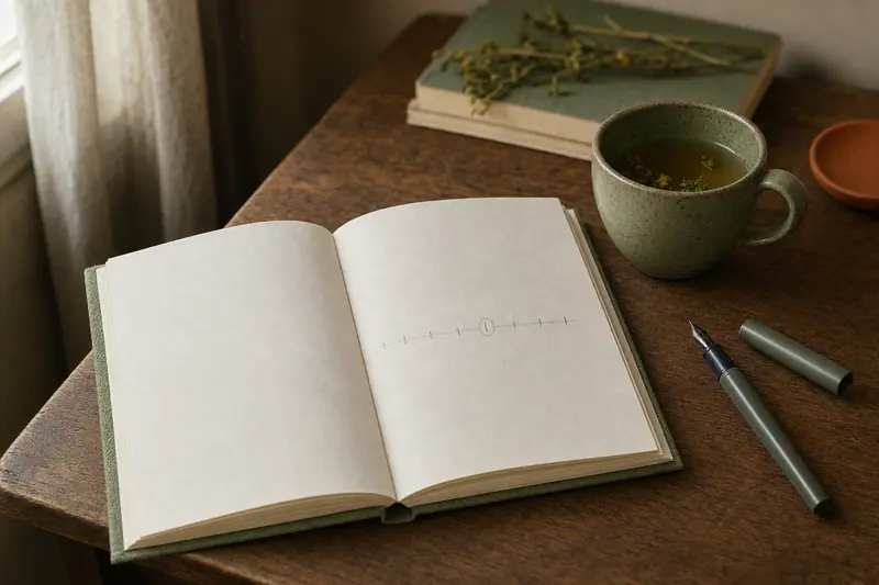Carnet ouvert avec une échelle de 1 à 10 tracée à la main, posé près d'une tasse sur une table en bois