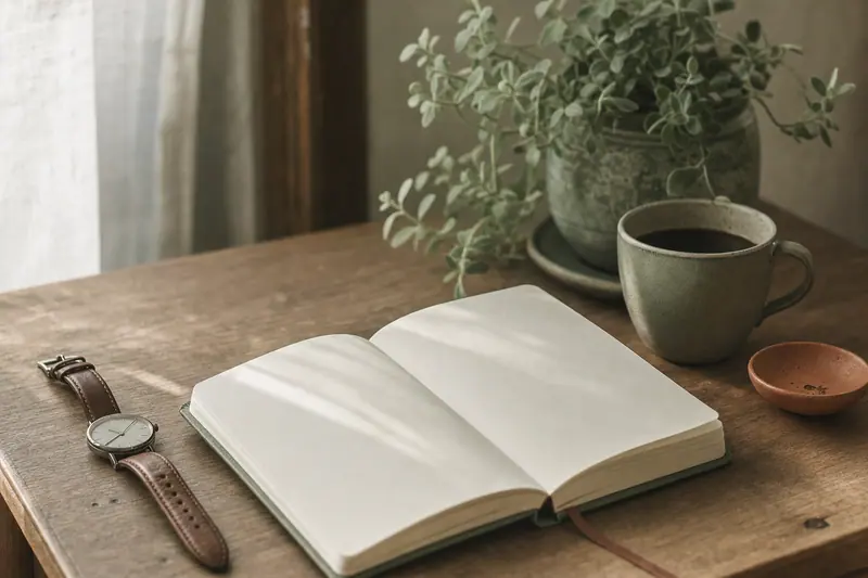 Agenda papier ouvert sur une semaine vide, crayon posé en travers, lumière du matin sur un bureau en bois