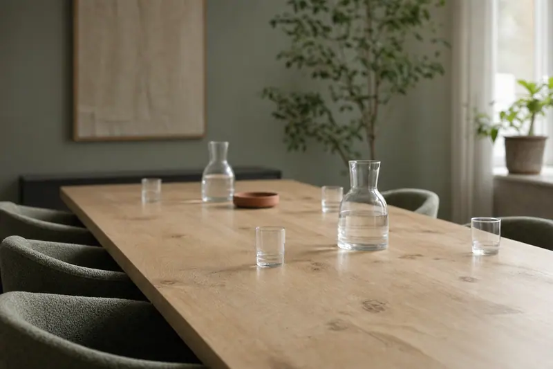 Grande table de réunion en bois clair vue de biais, carafes d'eau, verres et chaises face à face, lumière douce