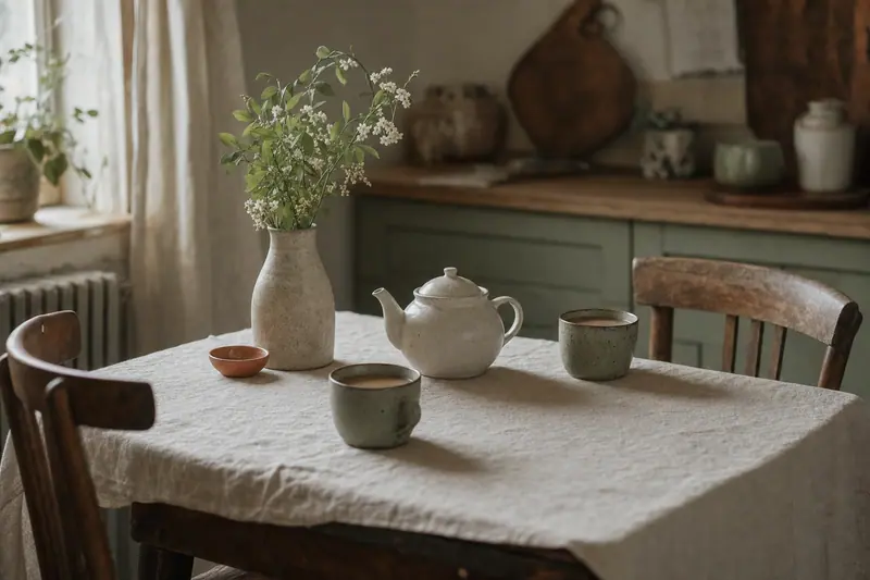 Table de cuisine avec deux tasses et une théière, une chaise de chaque côté, lumière du matin par la fenêtre