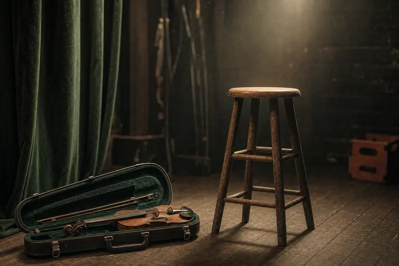 Coulisses d'un théâtre, un tabouret sous une poursuite, un violon dans son étui ouvert devant un rideau de velours