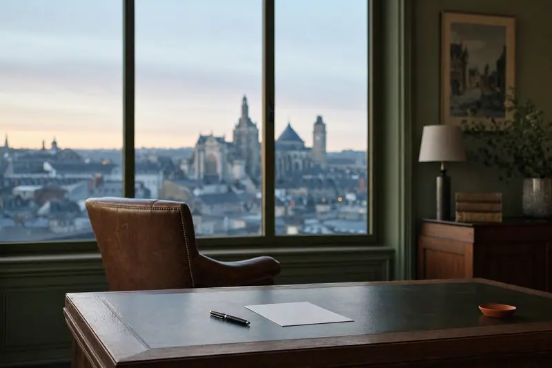 Bureau de direction vide au petit matin, fauteuil en cuir face à une grande fenêtre, ville floue derrière