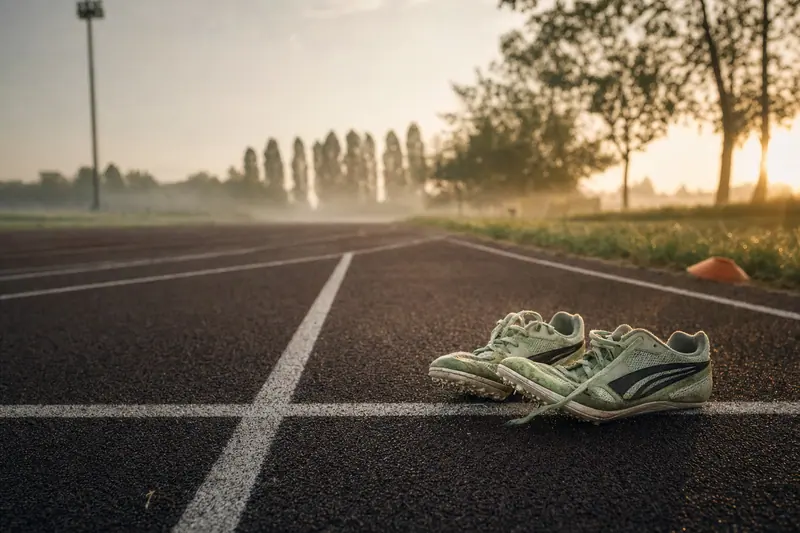 Piste d'athlétisme déserte à l'aube dans la brume, une paire de pointes posée sur la ligne de départ