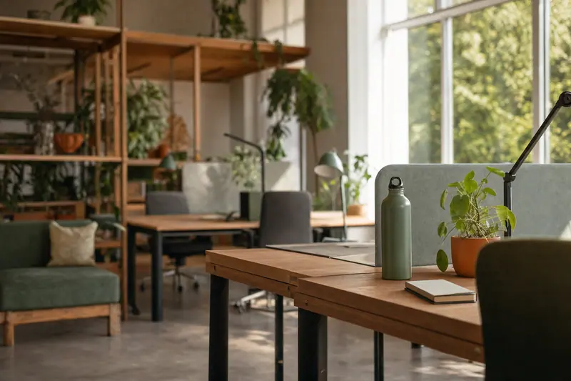 Open space végétalisé et lumineux, bureaux rangés, une plante, une gourde, fenêtre ouverte sur des arbres